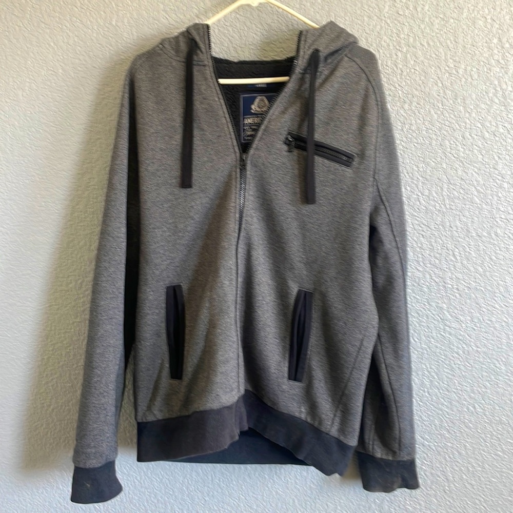 Mens American Rag Cie grey zip up hoodie w/ faux fur lining inside. Very warm!